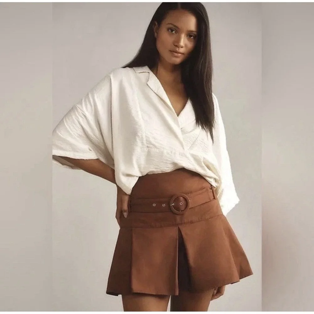 Anthropologie Brown Pleated‎ Belted Mini Skort Size 8 Chocolate Twill NEW